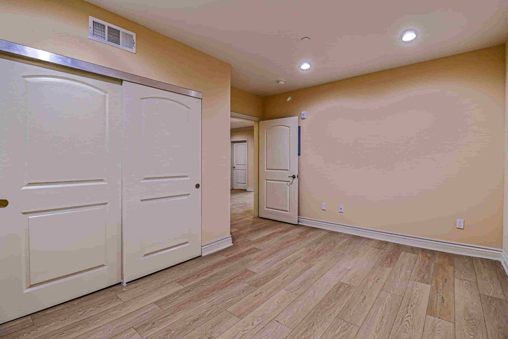 a bonus room with two closets and a door to a hallway