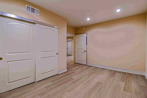 a bonus room with two closets and a door to a hallway