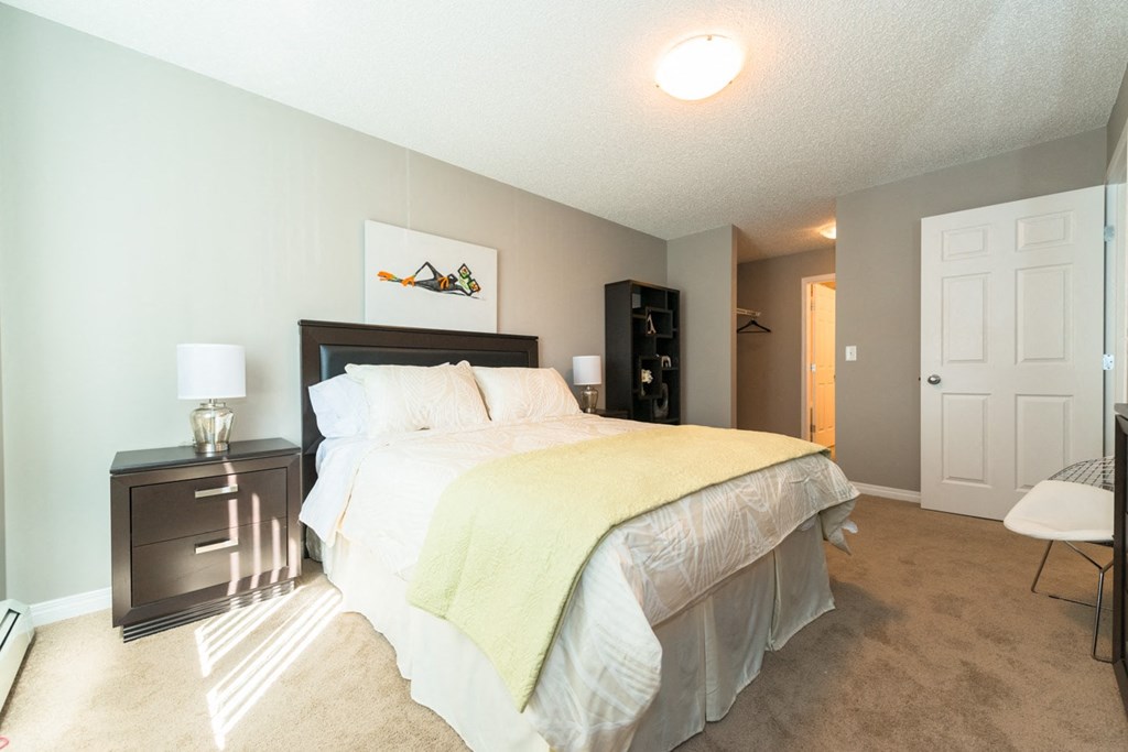 a bedroom with a large bed and a closet