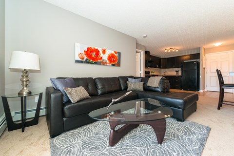 a living room with leather furniture and a glass coffee table