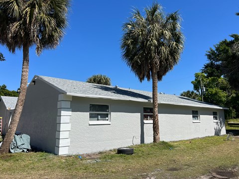 a house with two palm trees in front of it