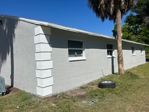 a side view of a white house with a palm tree