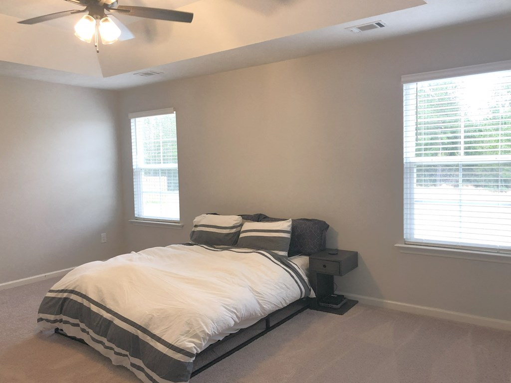a bedroom with a bed and a ceiling fan
