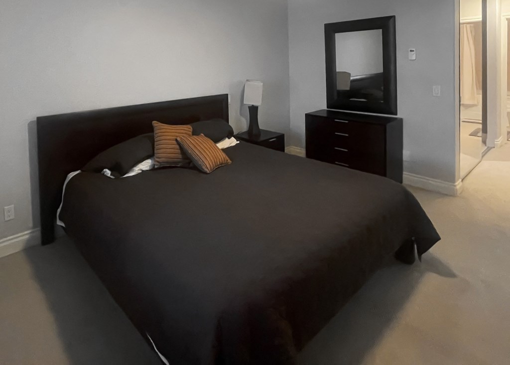 a bedroom with a large bed and a tv in it