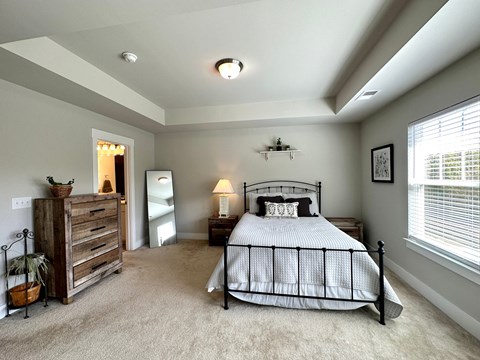 the master bedroom has a large bed and a large window