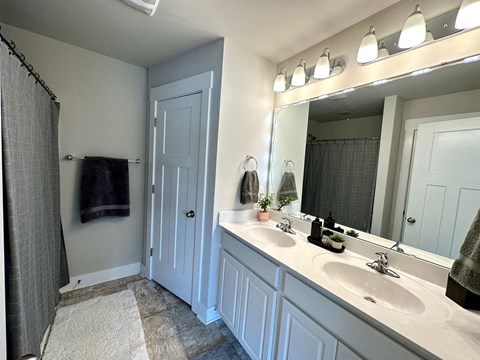 a bathroom with two sinks and a large mirror