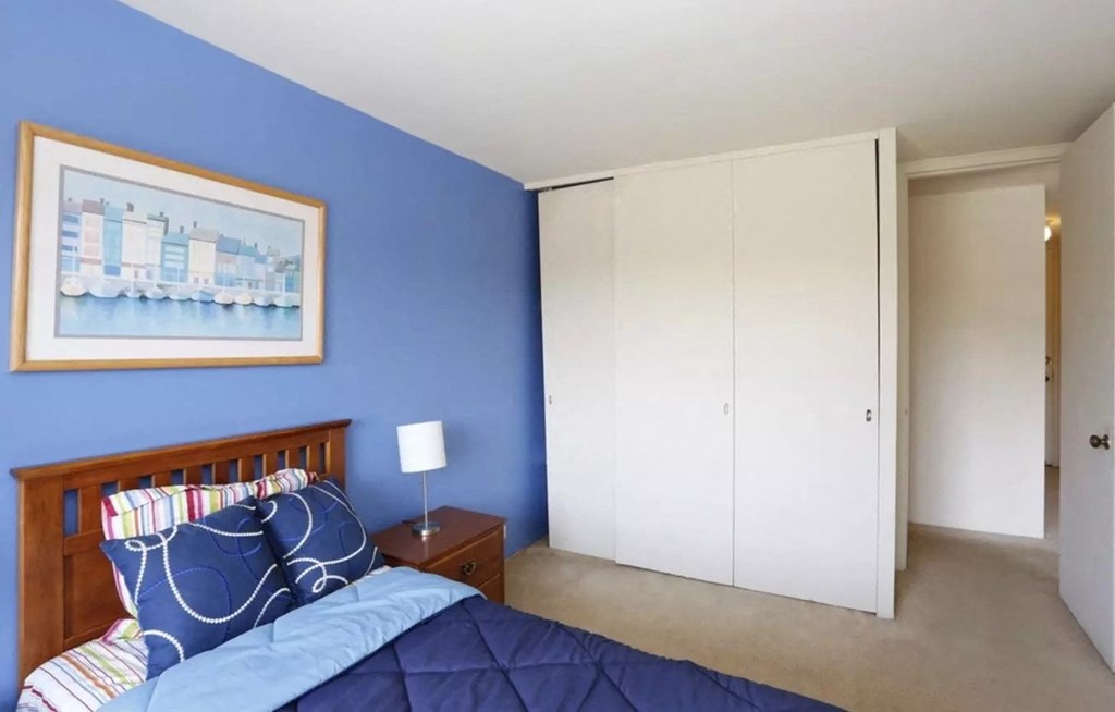 a bedroom with a bed and a closet