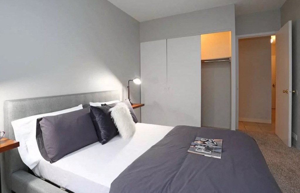 a bedroom with a large bed and a closet