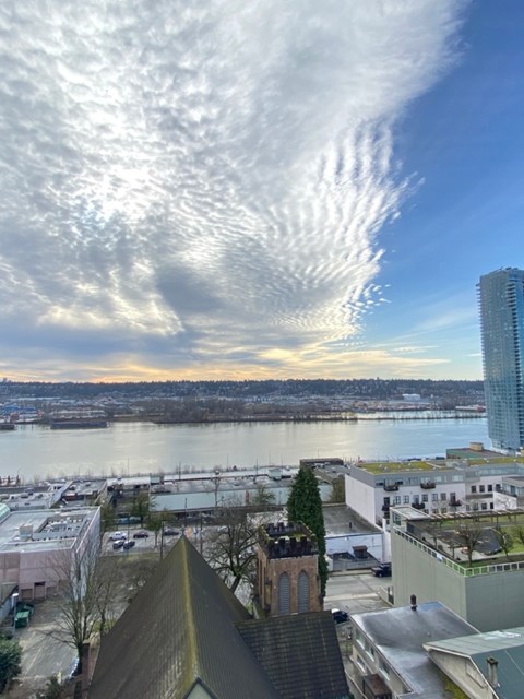 A cityscape with a river and a tall building in the background.