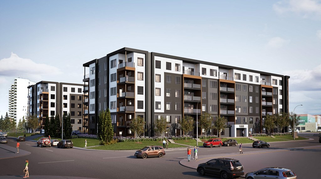 an architectural rendering of an apartment building on a city street