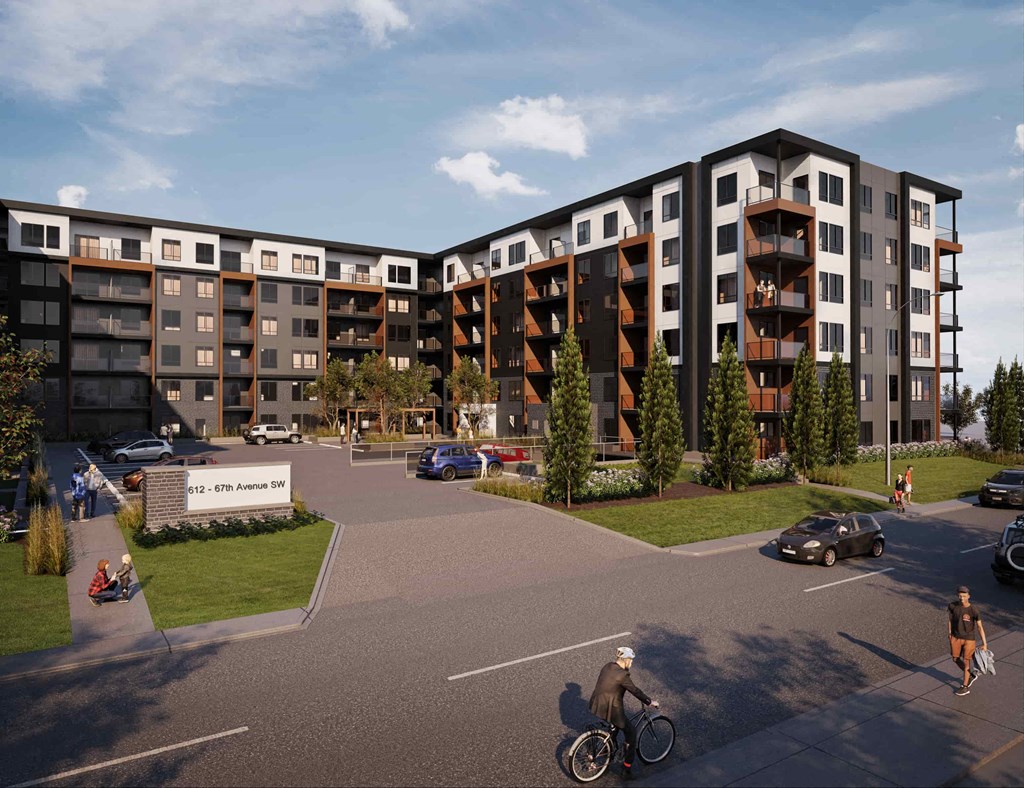 a rendering of an apartment building on a street with people and cars