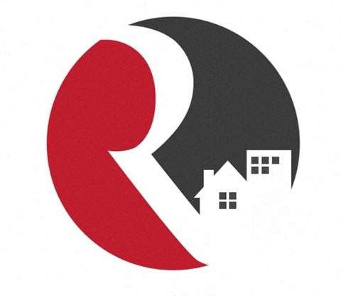 A graphic of a red crescent moon with a black half and a white house under it.