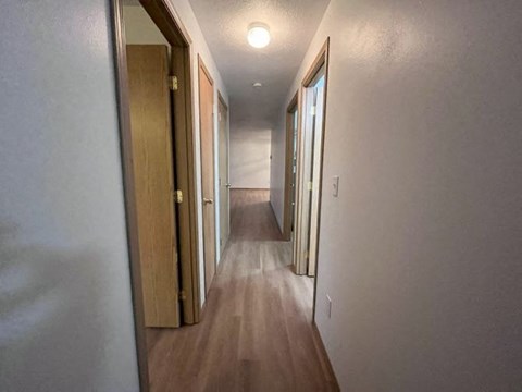 a hallway with many doors and a light on the ceiling