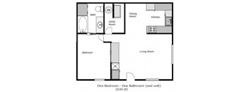 LIV1621 1 Bedroom 1 Bath Floor Plan