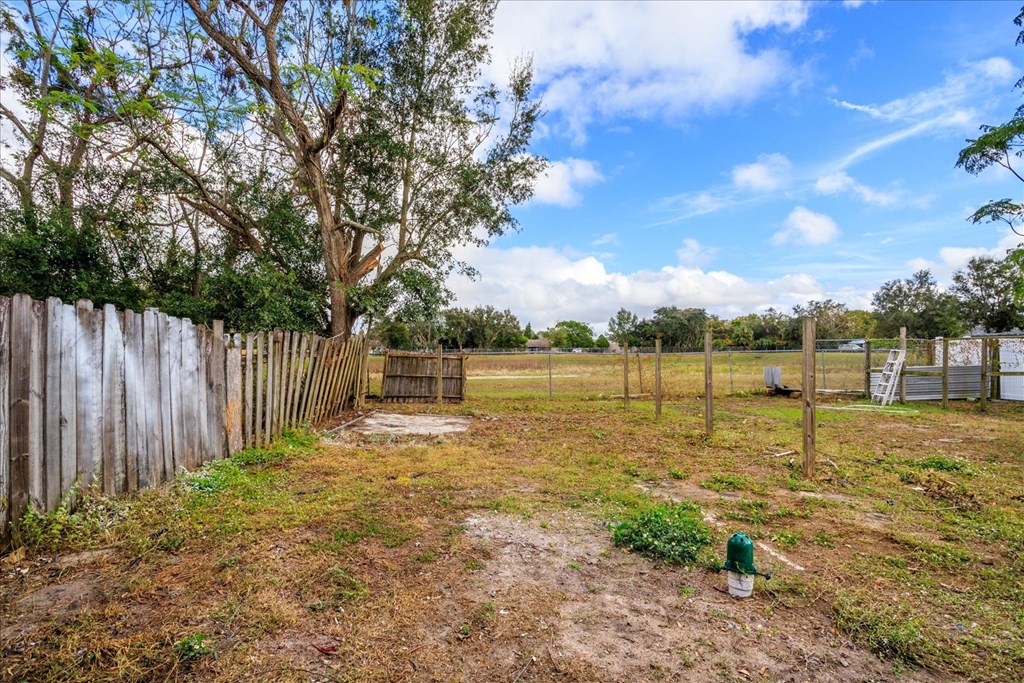 A backyard with a wooden fence and a tree.