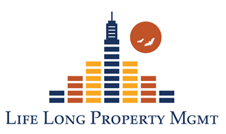 the logo of the life long property mgmt corporation with a picture of a building
