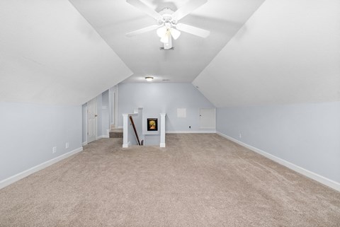 the living room with carpet and a ceiling fan