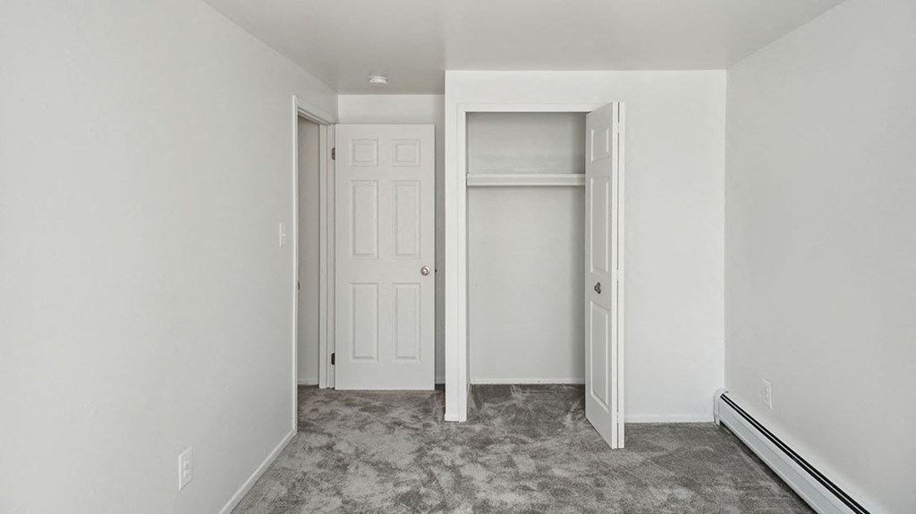 a bedroom with a closet and a door to a closet