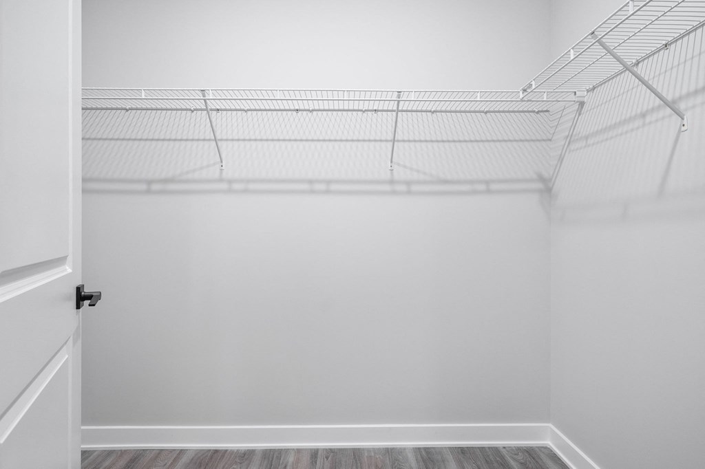 an empty walk in closet in a white room with a white door