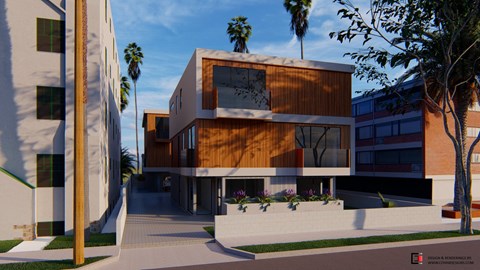 a rendering of a modern building with a street in front of it