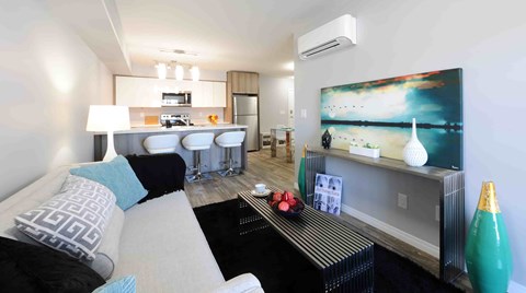 A living room with a couch, a coffee table, and a television.