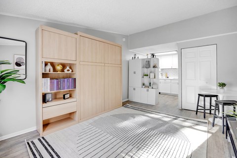 A modern kitchen with wooden cabinets and a striped rug on the floor.