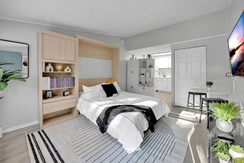 A bedroom with a large bed and a TV on the wall.