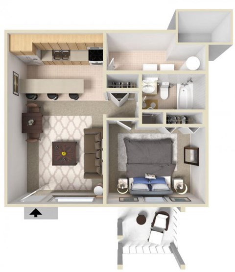 A 3D rendered image of a small apartment layout.