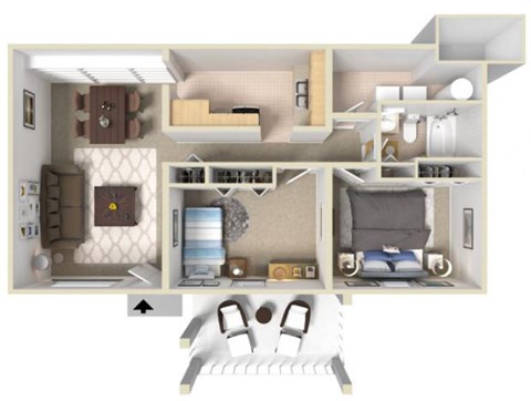 A 3D floor plan of a small apartment with a bedroom, living room, and kitchen.
