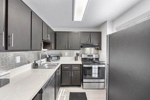 A modern kitchen with black cabinets and stainless steel appliances.