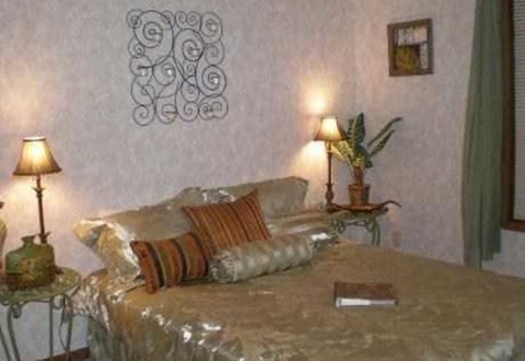 A bedroom with a bed, two lamps, and a plant.