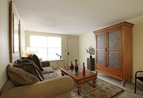 A living room with a brown couch and a wooden cabinet.
