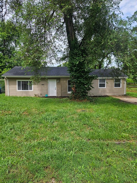 A small house with a white door and a window is surrounded by green grass.
