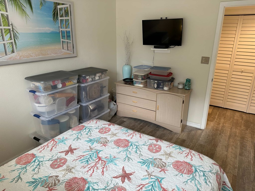 a bedroom with a bed and a tv