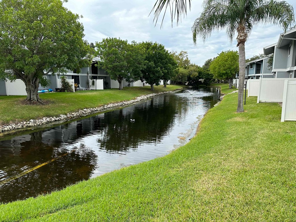 a canal in front of a building with palm trees