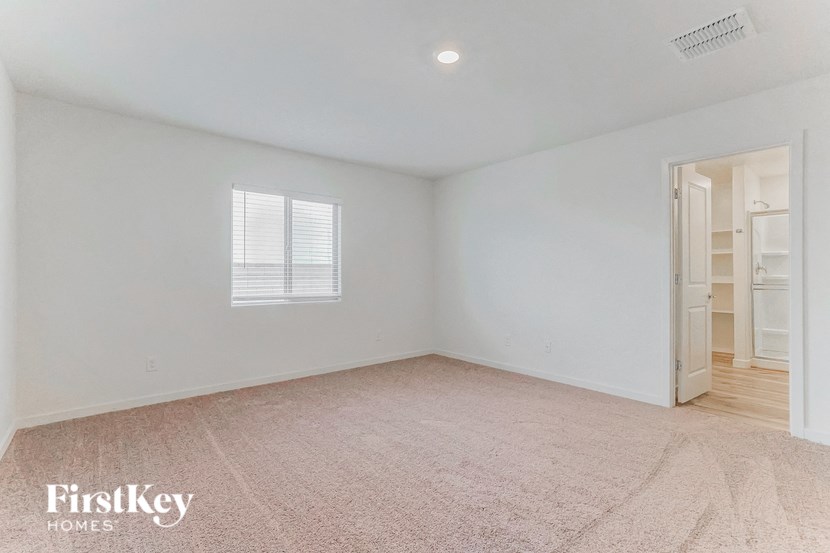 a white room with a carpet and a door to a closet