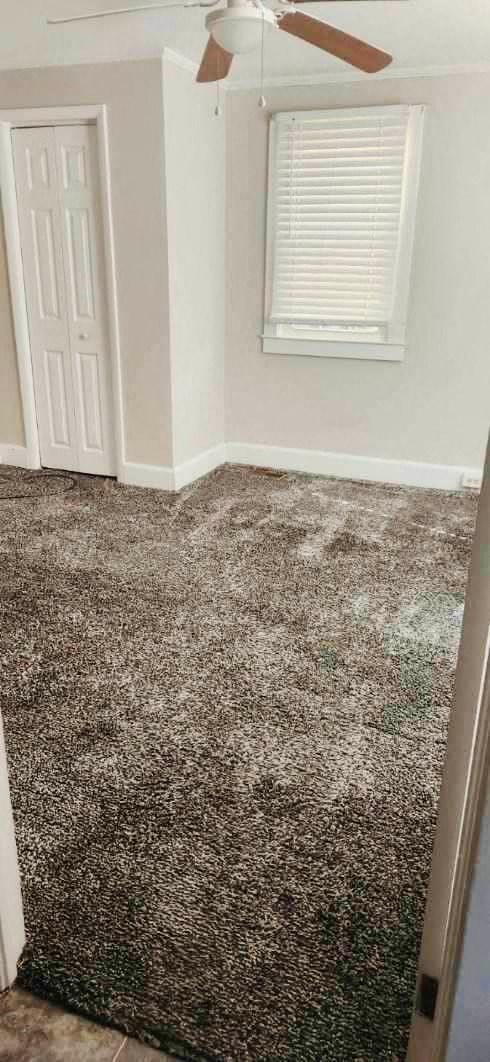 an empty room with a carpeted floor and a white door