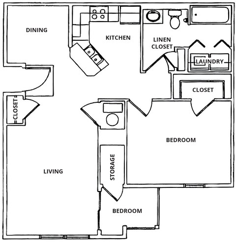 A black and white image of a floor plan for a house with labeled rooms such as Dining, Kitchen, Laundry, and Bedroom.