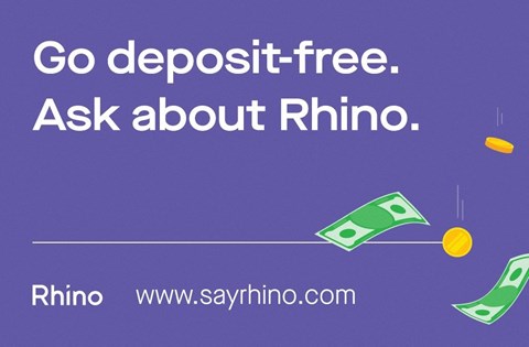 An advertisement for Rhino, a deposit-free service, is displayed with a purple background and images of money.