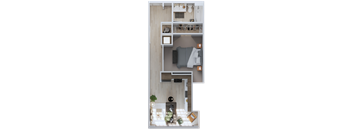 a floor plan of a studio apartment with a bedroom and a living room