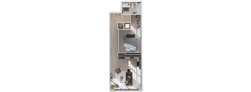 an overhead view of a bedroom with a bed and a closet