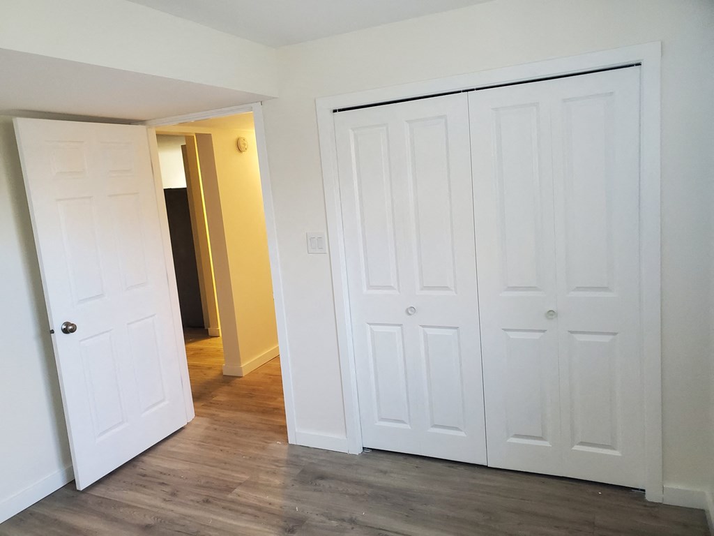 a bedroom with two closets and a door to a hallway