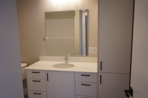 A bathroom with a sink, mirror, and cabinets.