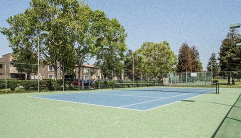 a tennis court with a blue and green court