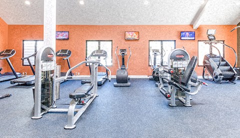 a gym with a lot of exercise equipment in it