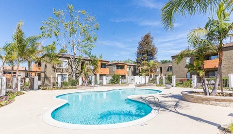 a swimming pool with palm trees and apartments in the background