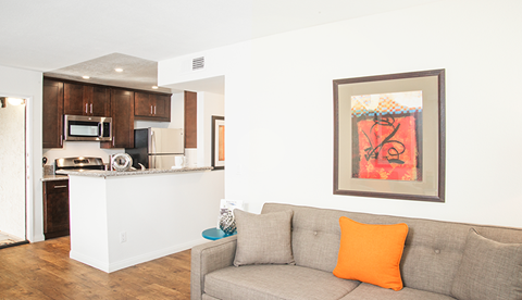 a living room with a couch and a kitchen
