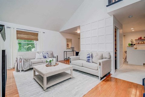 a living room with two couches and a coffee table