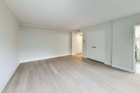 A room with light wood flooring and white walls.