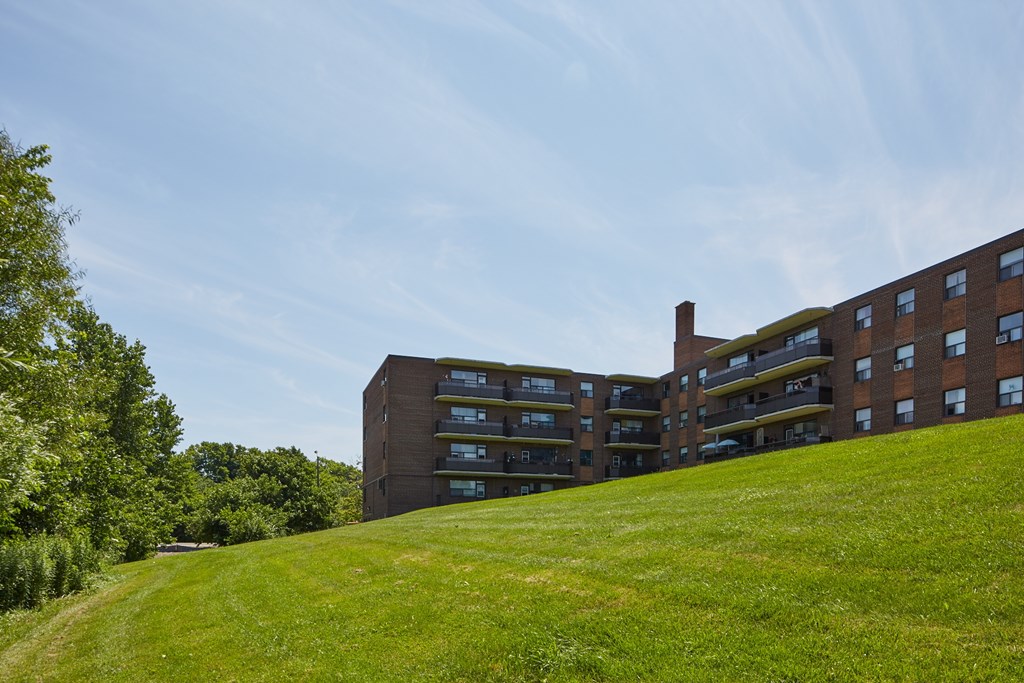 A large building with a green roof is situated on a grassy hill.